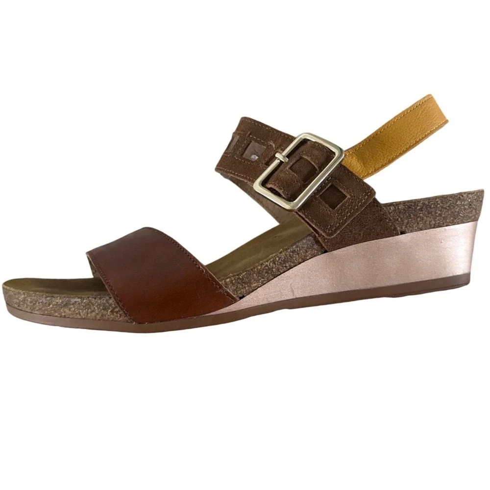 Naot Dynasty Wedge Sandal Brown Leather Gold EU 41 US 10 Comfort Minimalist $170